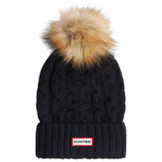 Hunter Black Cable Knit Fur Pom Pom Beanie and Scarf Box Set