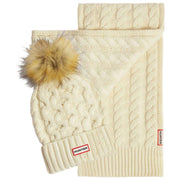 Hunter White Cable Knit Fur Pom Pom Beanie and Scarf Box Set