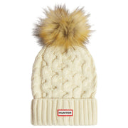 Hunter White Cable Knit Fur Pom Pom Beanie and Scarf Box Set