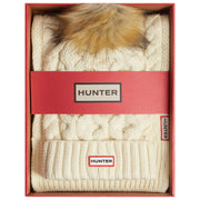 Hunter White Cable Knit Fur Pom Pom Beanie and Scarf Box Set